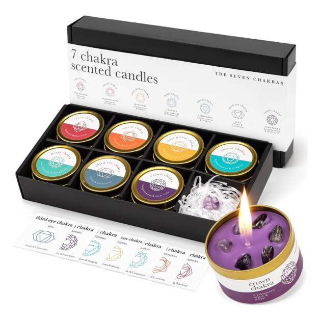 Chakra Candle Box Set of 7 with Crystals Inside