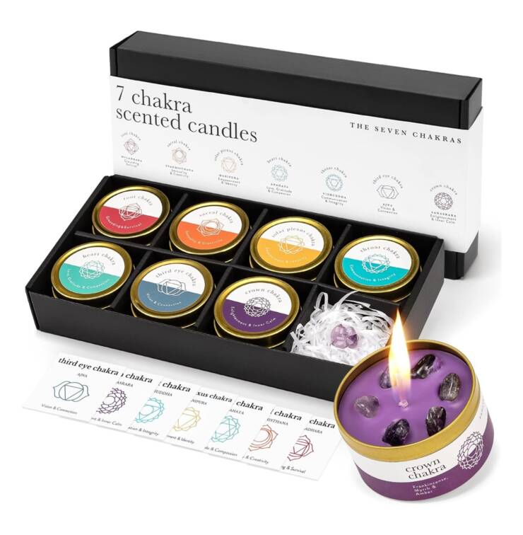 Chakra Candle Box Set of 7 with Crystals Inside