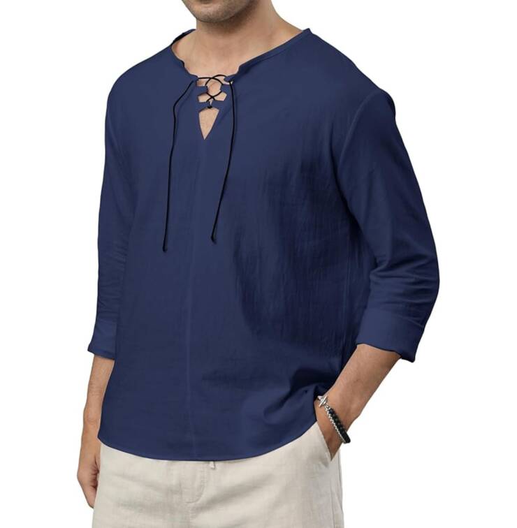 Ryehack Men's Cotton Linen Shirt (Navy)