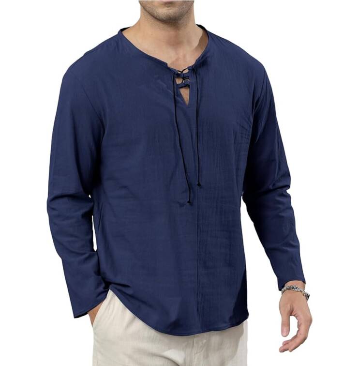 Ryehack Men's Cotton Linen Shirt (Navy)