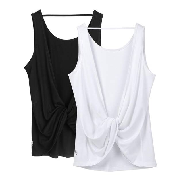 Womens Yoga Tops Open Back pack of 2 black and white